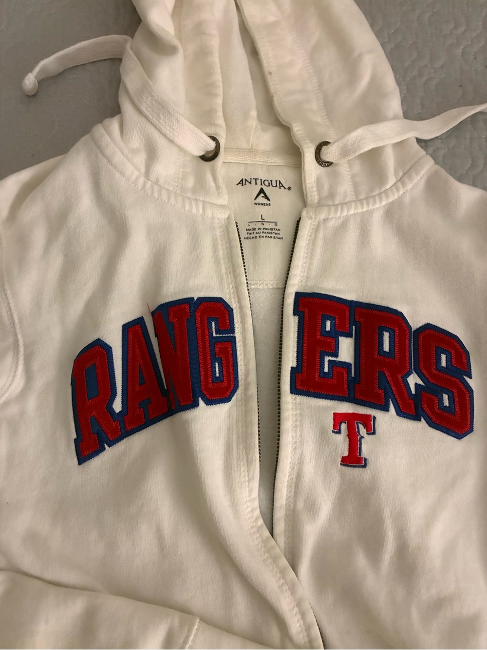 Antigua White Rangers Zip Hoodie with Red and Blue Logo